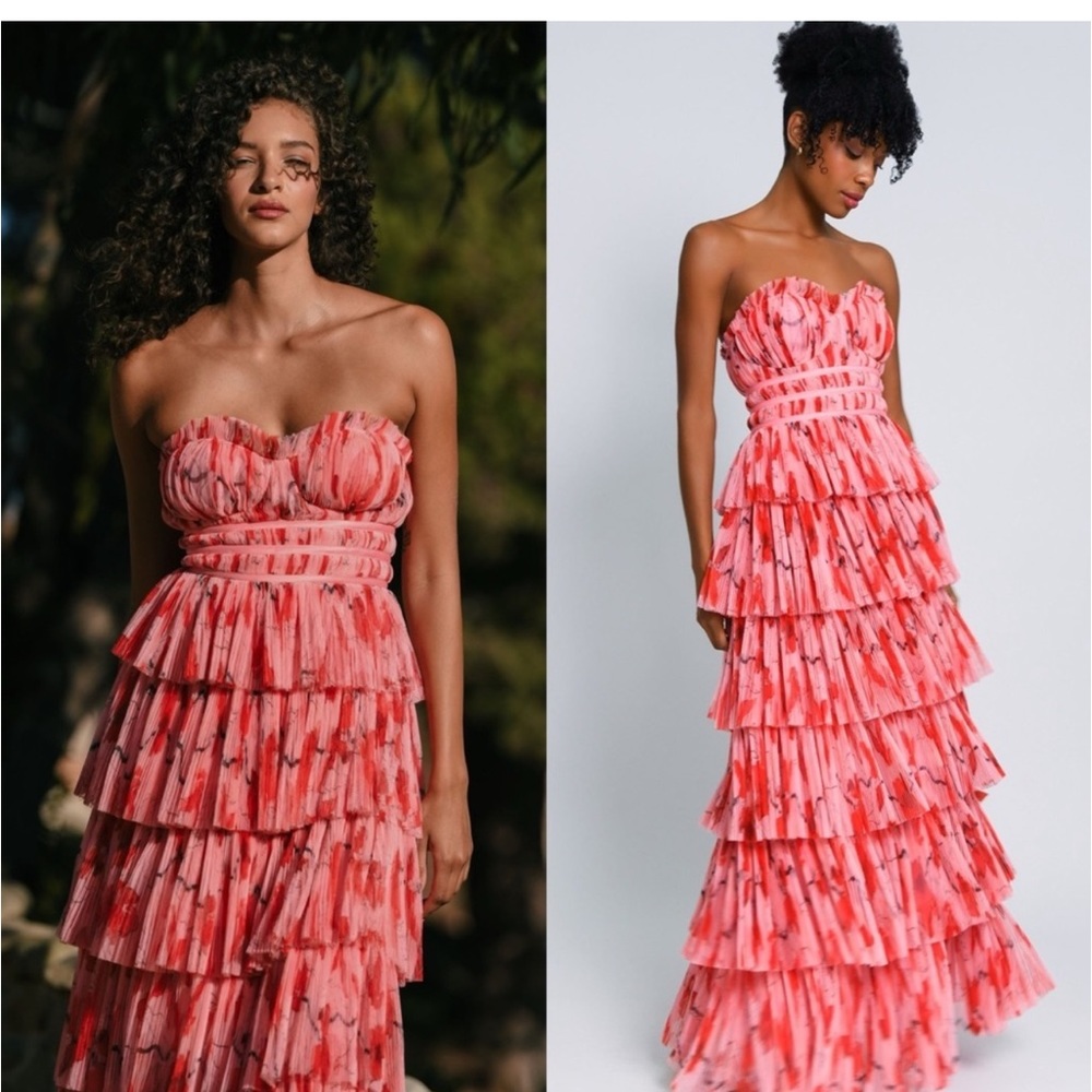 HUTCH Floral Pleated Chiffon Ruffle Tier Corset Bodice Strapless Maxi Gown 6